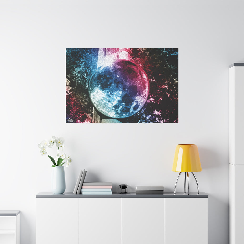 Universe in a Mirror large canvas on a white wall over a sideboard, glowing mirrored orb floating in a dreamy pink-blue sky
