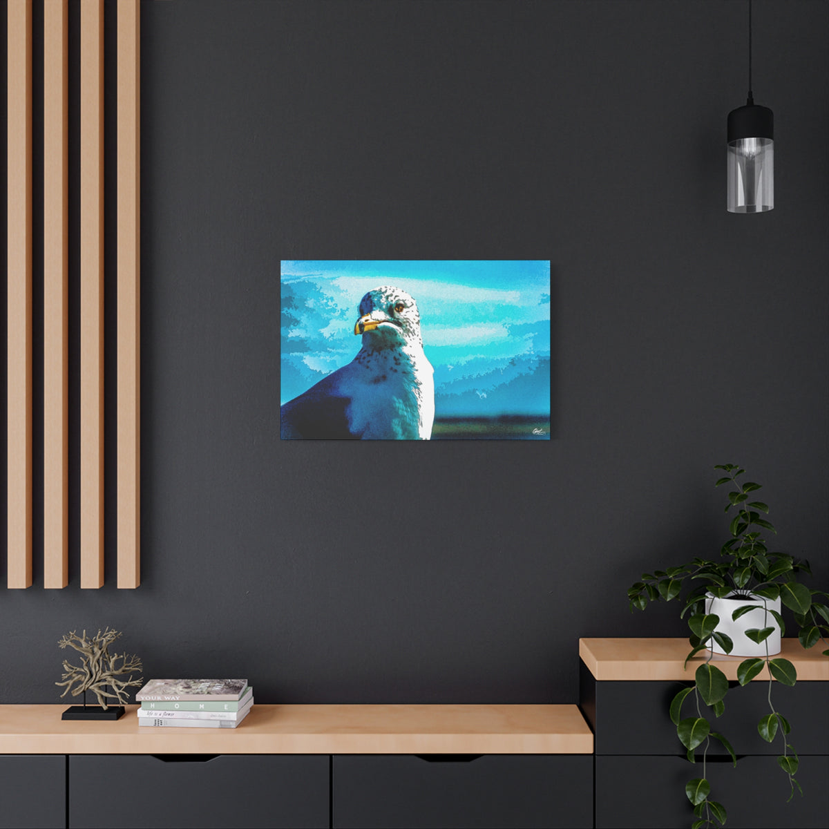 Carolina Seagull medium canvas on a charcoal wall over an oak shelf, pier seagull close-up in vivid blues