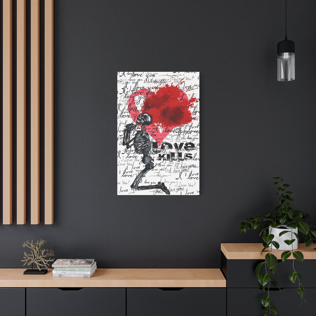 Love Kills large canvas on a charcoal wall over an oak shelf, kneeling skeleton before a burst pink and crimson heart