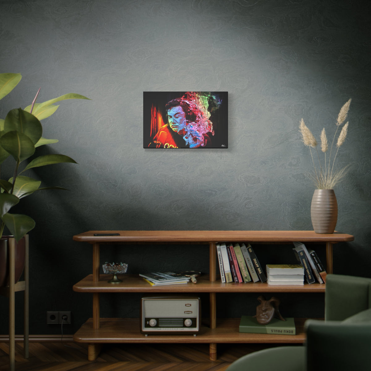 Launch Window medium canvas above a wooden bookshelf, neon smoke cloud swirling from a dark portrait