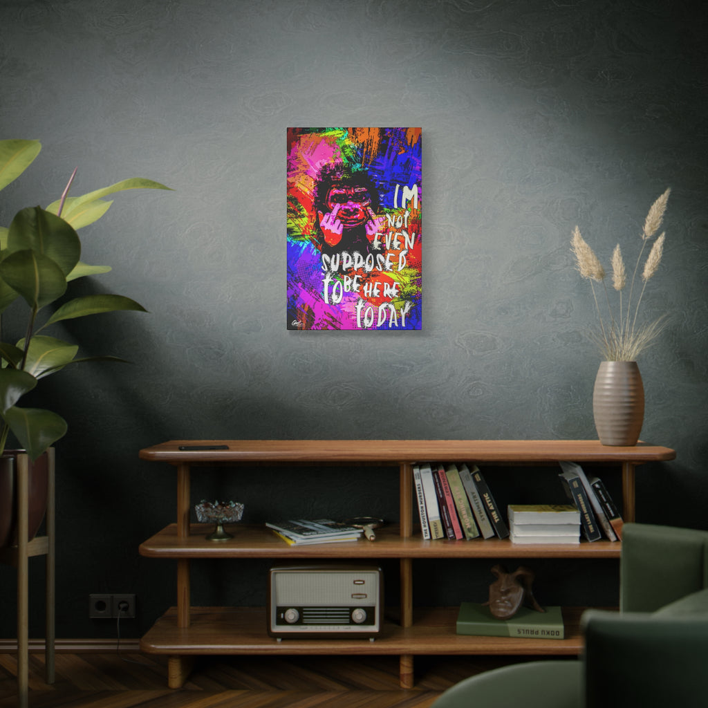 Not Even Supposed to Be Here medium canvas above a wooden bookshelf, neon pop-art ape over bold halftone color