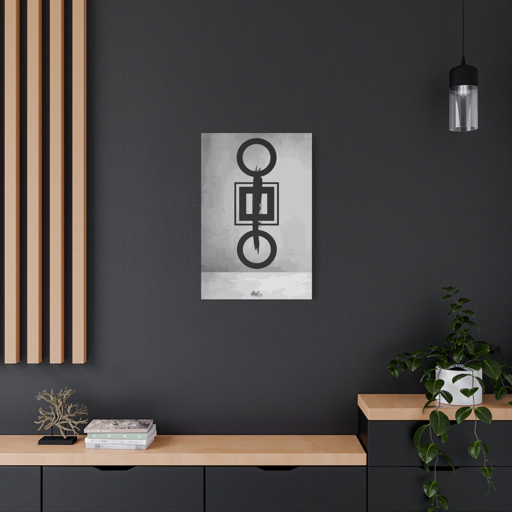 Down is Up medium canvas on a charcoal wall over an oak shelf, circles and squares crossed by a bold black brushstroke