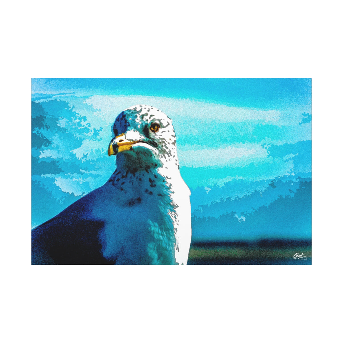 Carolina Seagull canvas print, front view: close-up seagull with a sharp eye and yellow beak on bright blue, Charleston SC