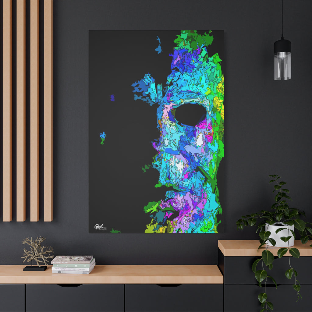 Stalk at Night, Prism Edition large canvas on a charcoal wall by wood slats, neon triangle-shard mask