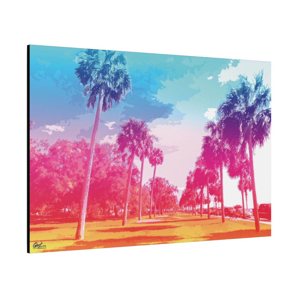 The Battery Tropical Edition canvas, angled side view: palm silhouettes against a turquoise, pink and gold sunset