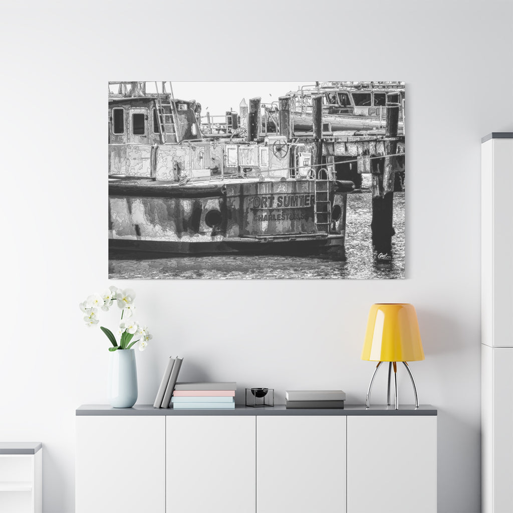 Fort Sumter Original large canvas above a white sideboard and yellow lamp, weathered harbor boat sketched over in pen