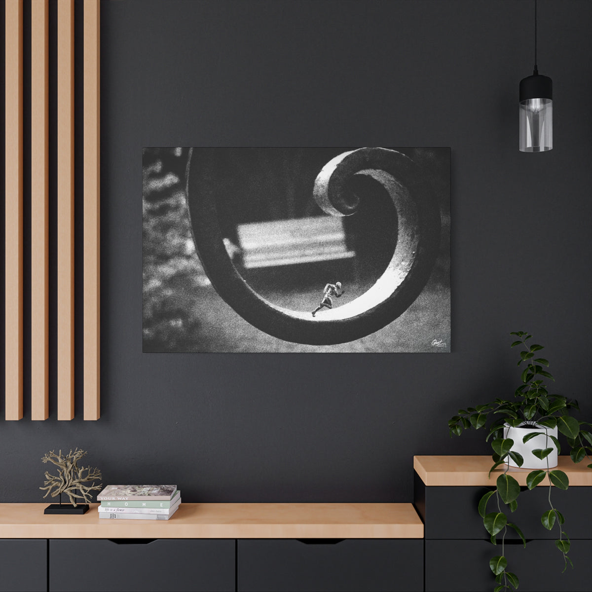 A Man in Charleston oversized canvas on a charcoal wall over an oak shelf, tiny running figure inside a curled wrought-iron scroll in grainy black and white