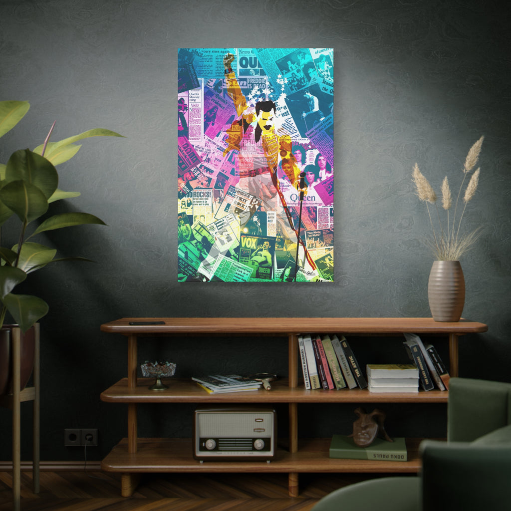 The Showman large canvas on a green-gray wall over bookshelves, teal-to-pink music collage of a performer mid-show