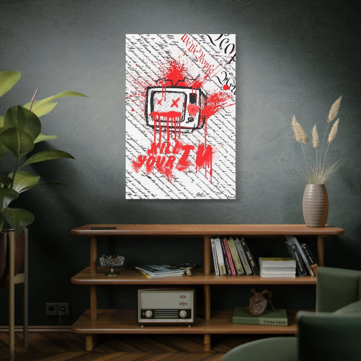 Kill Your TV large canvas above a wooden bookshelf, hand-drawn TV with X eyes and bursting red paint