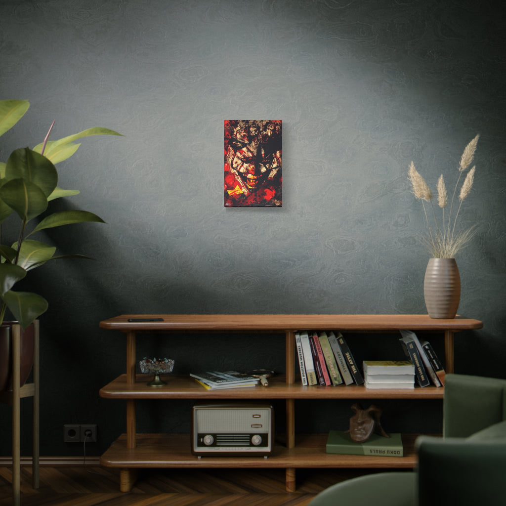 Down in a Drain small canvas on a green-gray wall over bookshelves, grunge clown portrait with red splatter