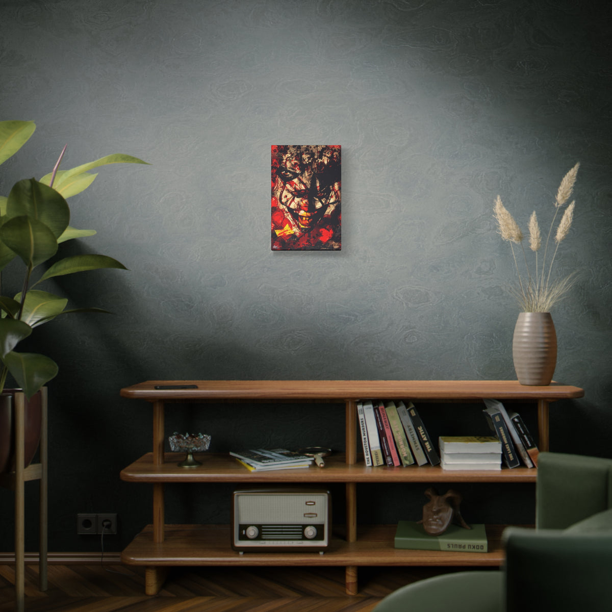 Down in a Drain small canvas on a green-gray wall over bookshelves, grunge clown portrait with red splatter