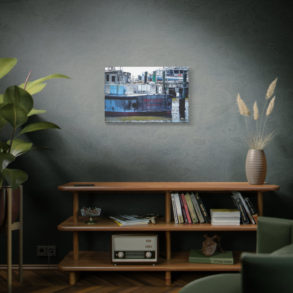 Fort Sumter Enhanced medium canvas above a wooden bookshelf, weathered harbor boat with hand-drawn reflections