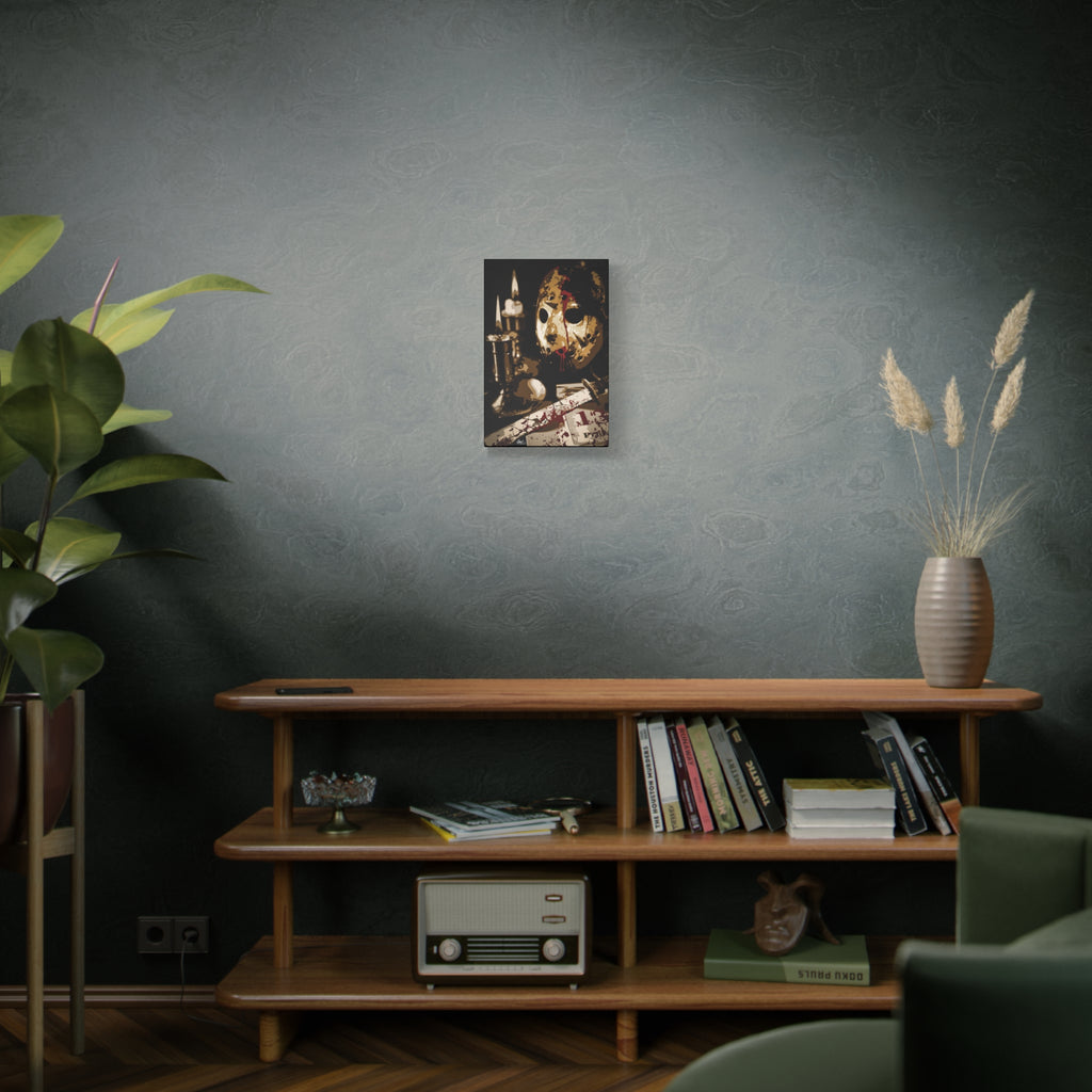 Off the Clock small canvas on a green-gray wall over bookshelves, sepia horror still life by candlelight