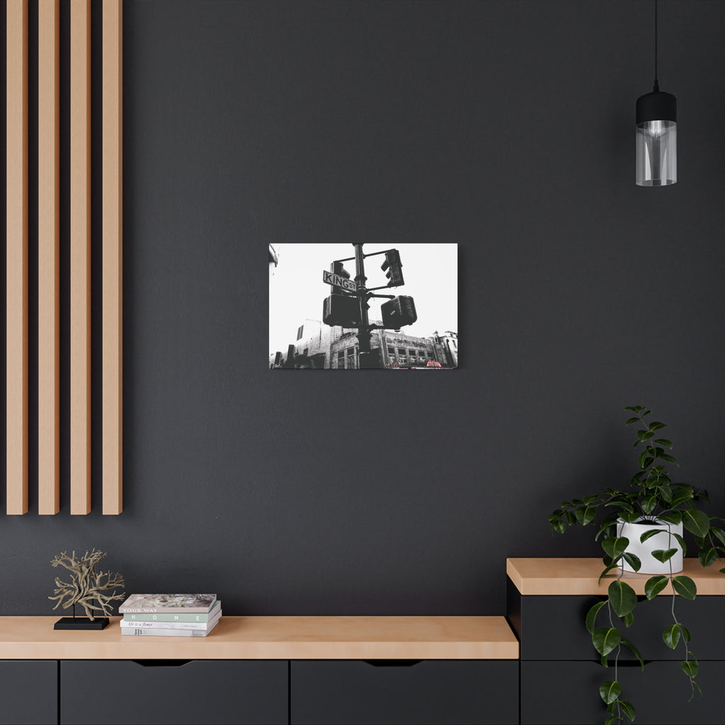 King St medium canvas on a charcoal wall by wood slats, King Street sign and traffic lights in vintage black and white