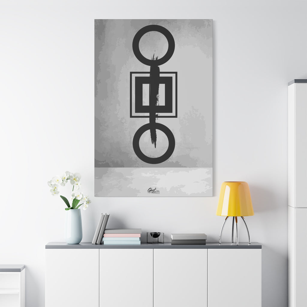 Down is Up large canvas on a white wall over a sideboard, black-and-white geometric charcoal-style abstract