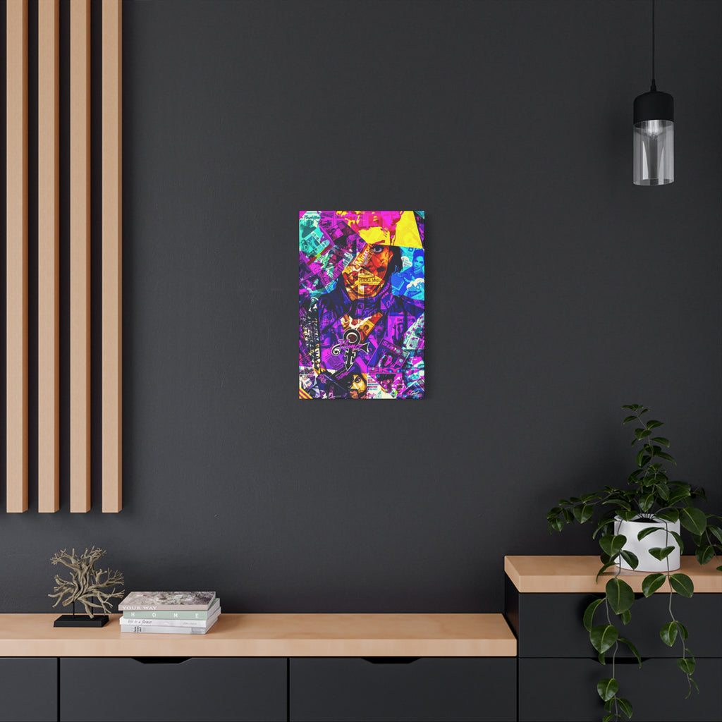 The Symbol medium canvas on a charcoal wall by wood slats, vibrant collage portrait in magenta and gold