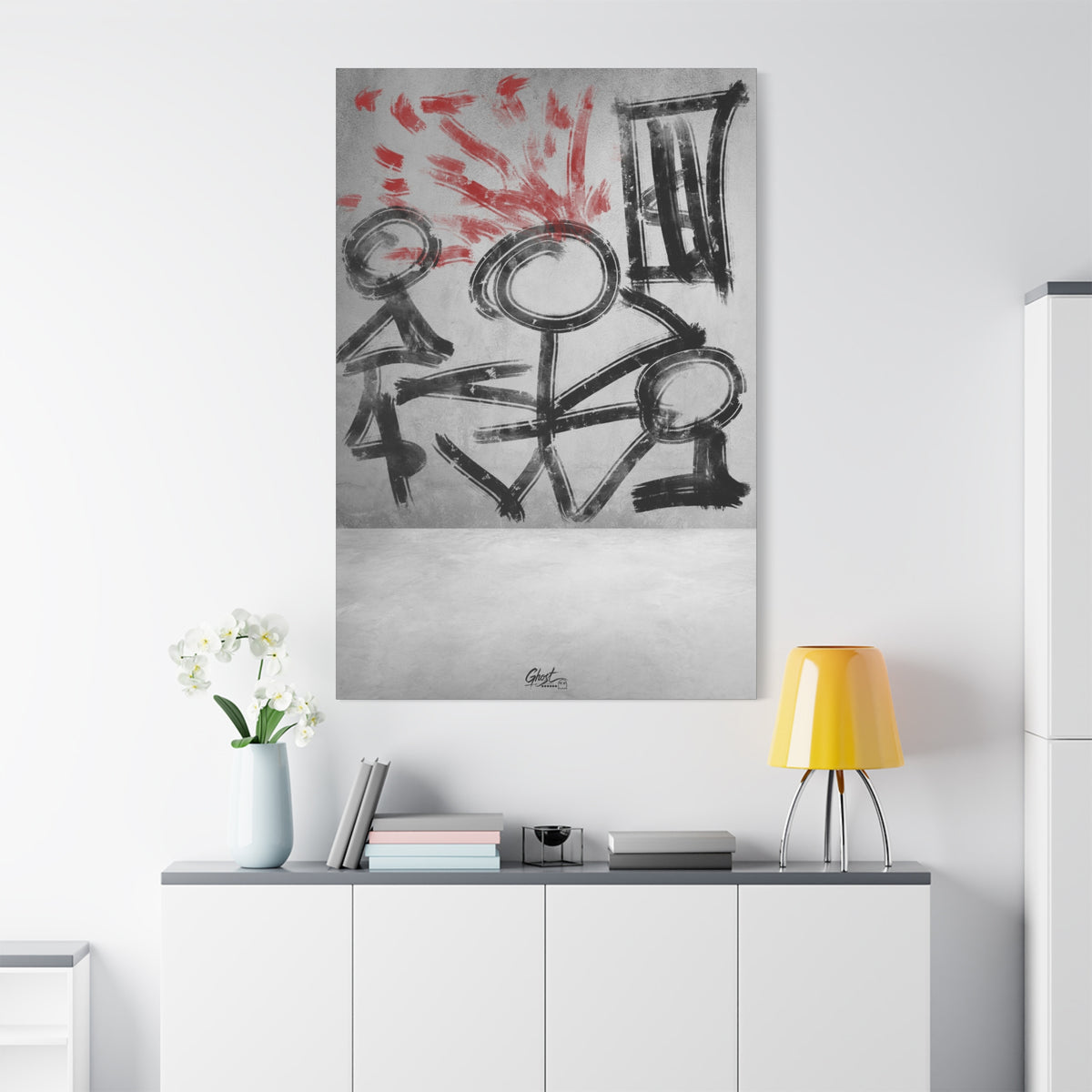 Stressed Out oversized canvas on a white wall over a sideboard, charcoal-style abstract figures with a red accent