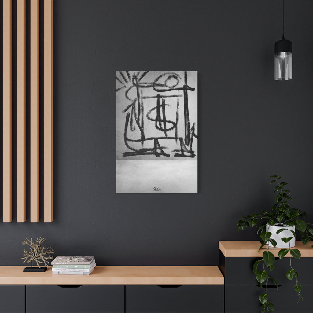 Best Day Ever canvas on a charcoal wall by wood slats, bold charcoal strokes tracing playful abstract shapes