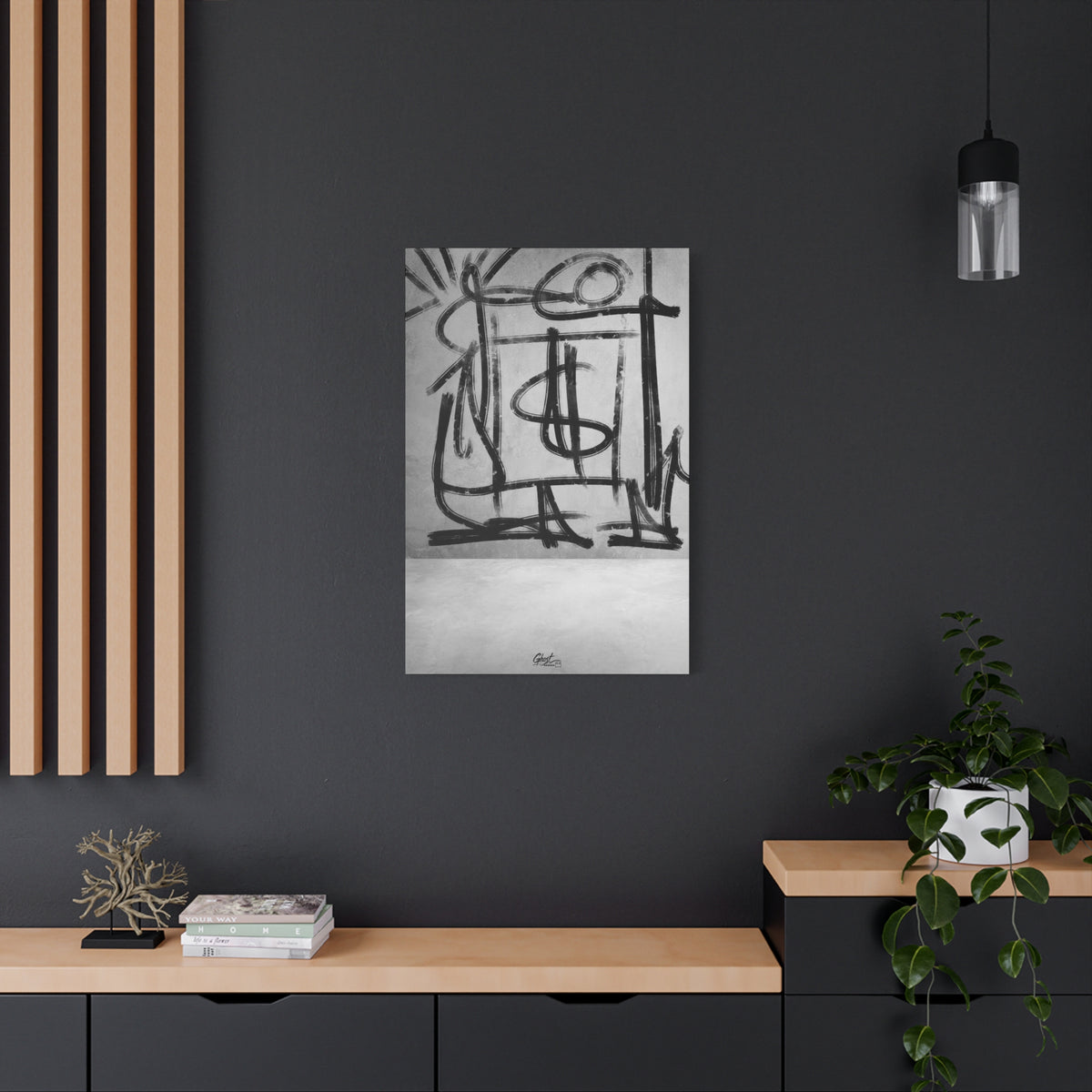 Best Day Ever canvas on a charcoal wall by wood slats, bold charcoal strokes tracing playful abstract shapes