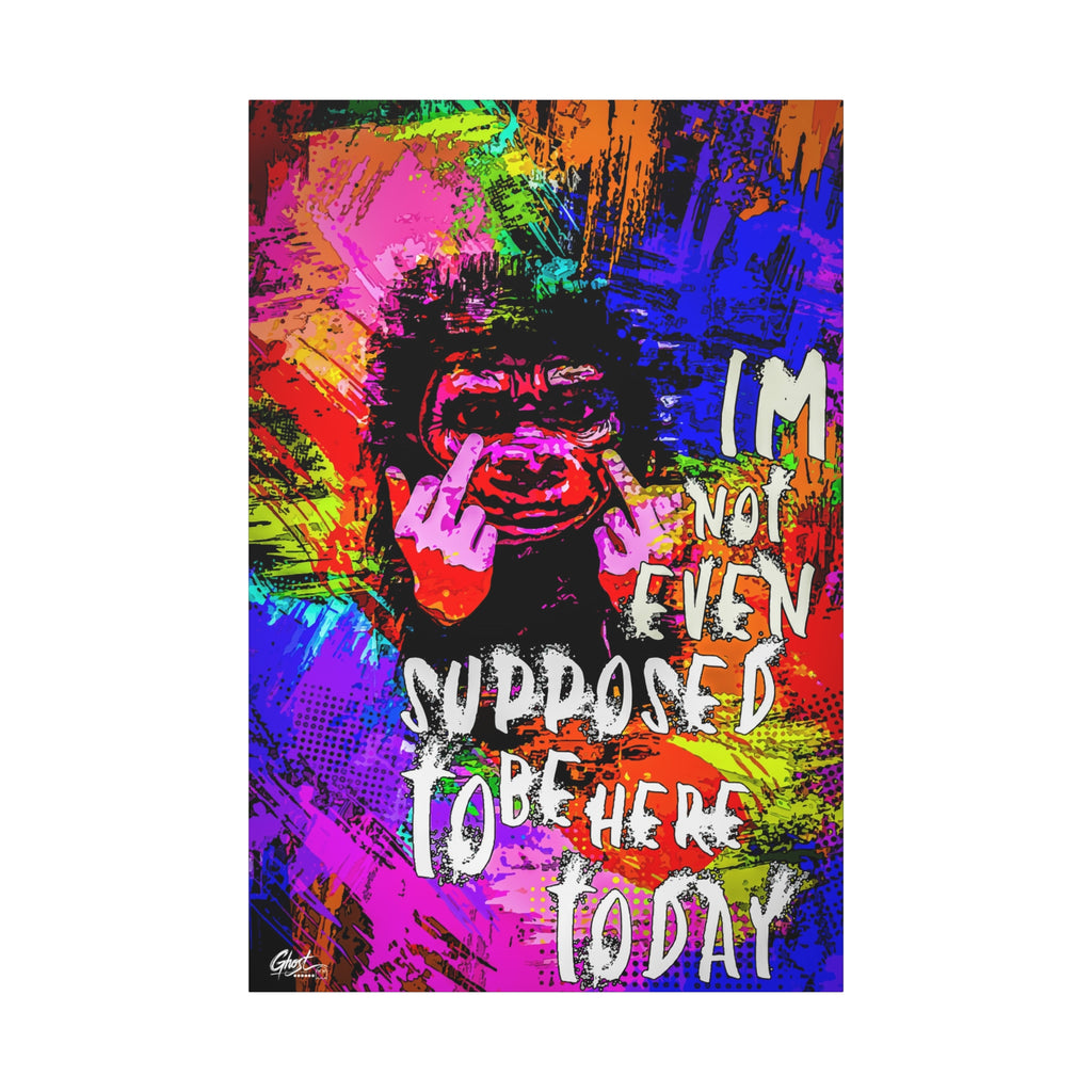 Not Even Supposed to Be Here canvas print, front view: grinning ape in hot pink and neon brushstrokes