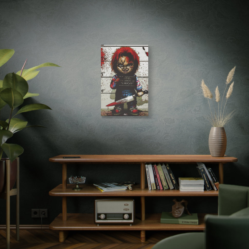 Best Friends Forever canvas on a green-gray wall over bookshelves, red-haired doll with a booking placard and bloodied knife
