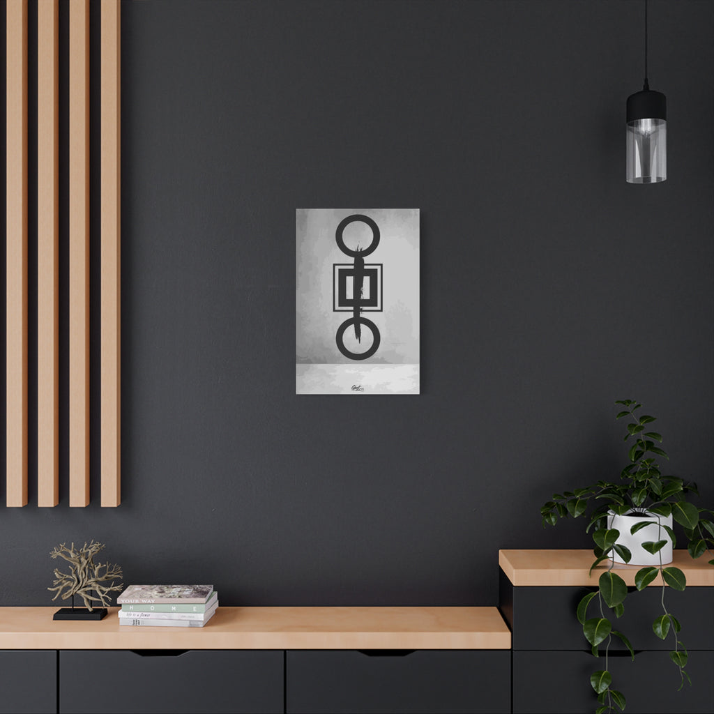 Down is Up medium canvas on a charcoal wall by wood slats, black-and-white geometric charcoal-style abstract