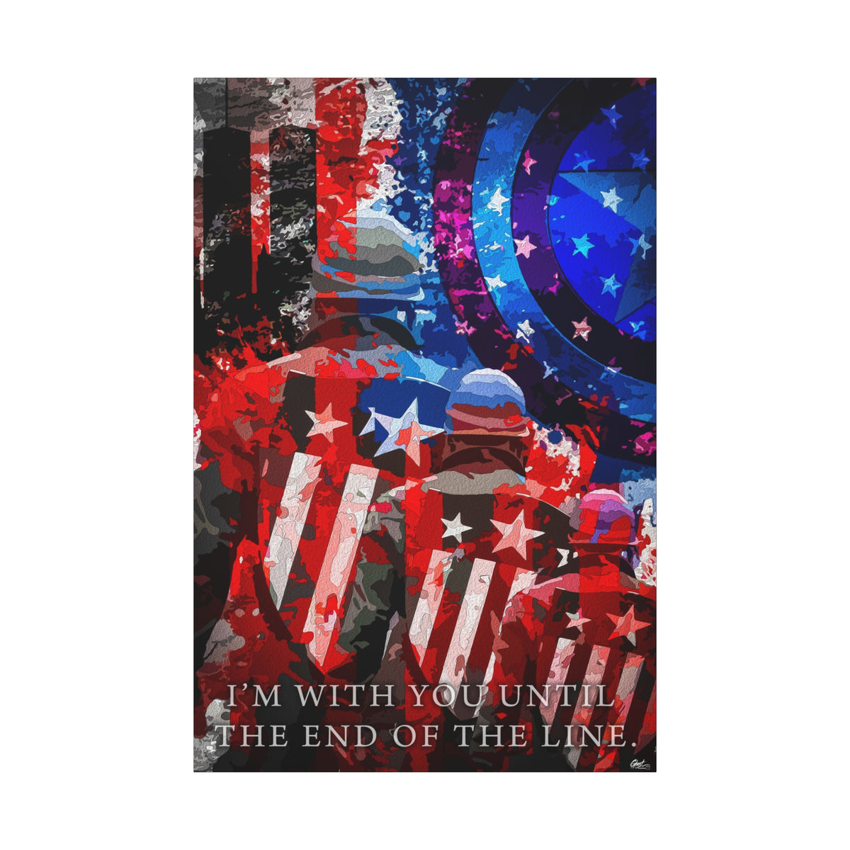 9/11 Never Forget canvas print, front view: three figures with stars-and-stripes shields facing the Twin Towers