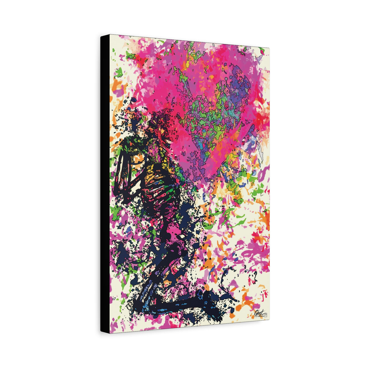 Waiting on My Love canvas, angled view of the gallery-wrapped edge: kneeling skeletal figure under a fuchsia splatter heart