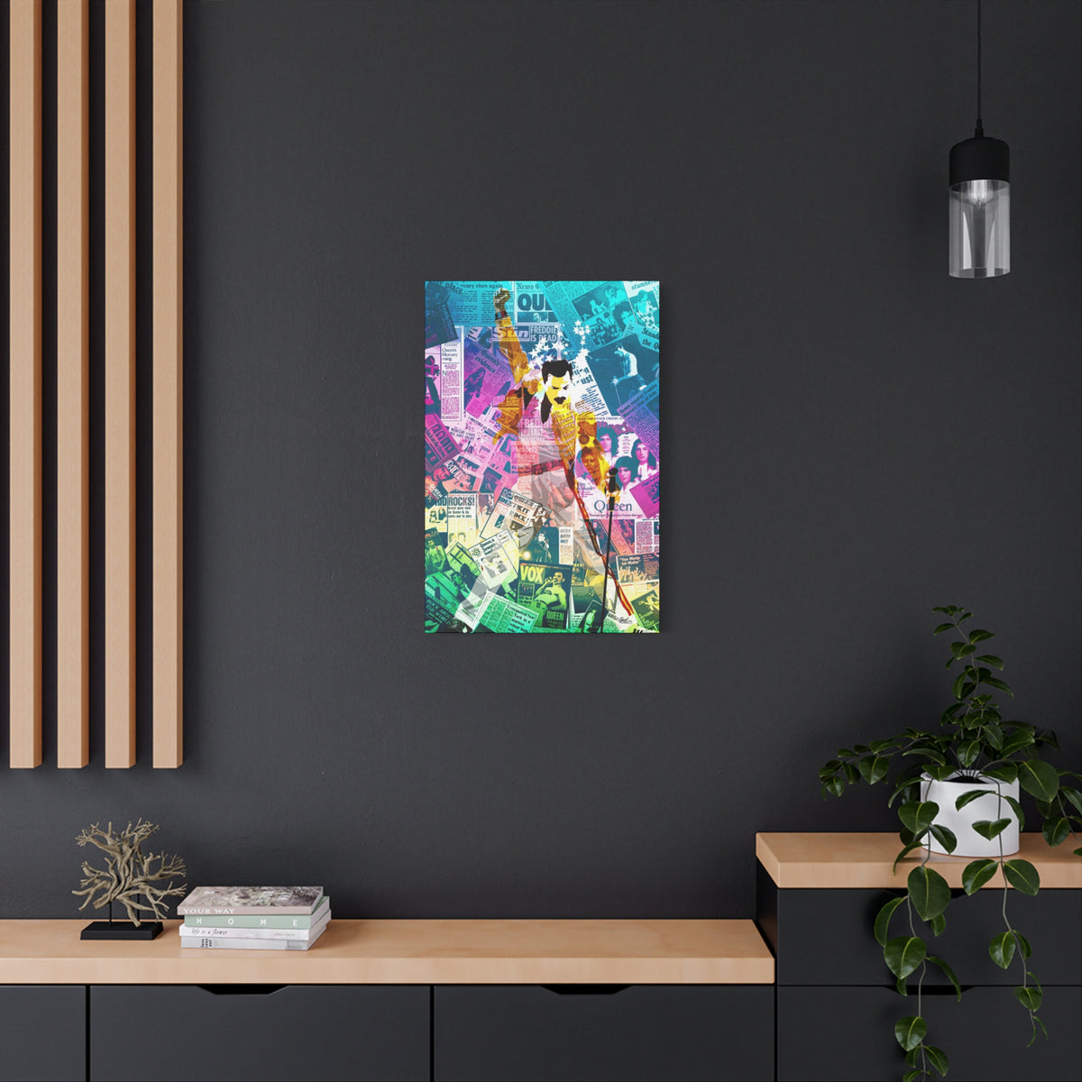 The Showman medium canvas on a charcoal wall over an oak shelf, figure in a yellow jacket, fist raised, over newspaper collage