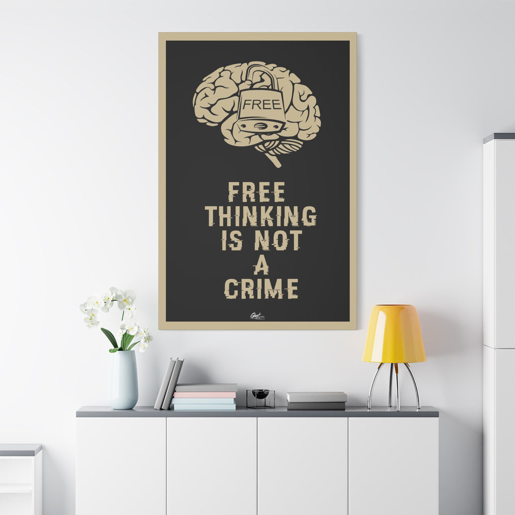 Free Thinking Is Not a Crime large canvas on a white wall over a sideboard, padlocked brain in beige on charcoal