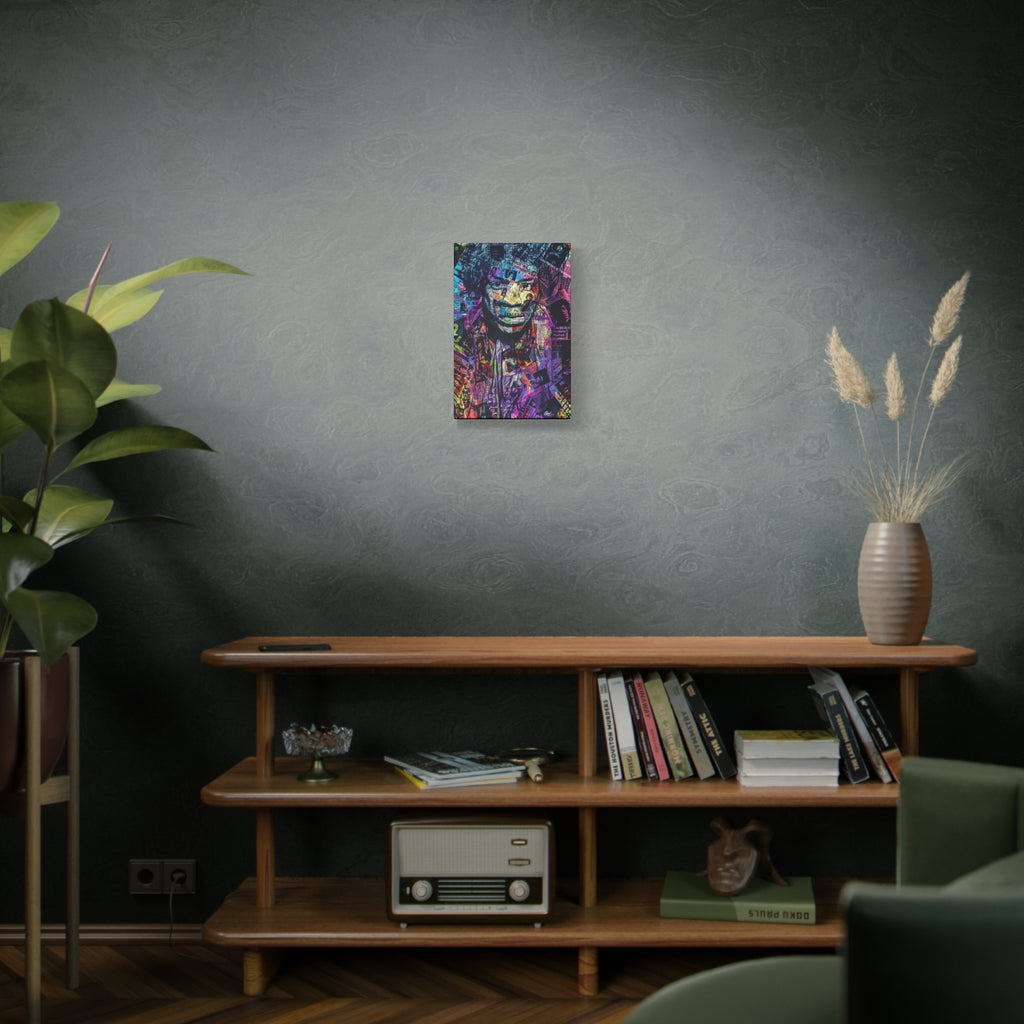 Purple Voodoo small canvas on a green-gray wall over bookshelves, hazy music-collage portrait in deep blues