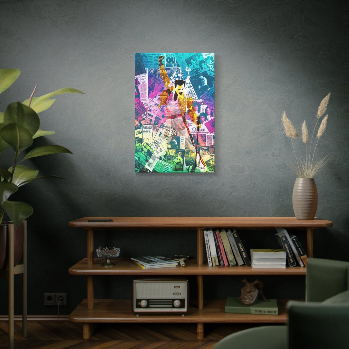 The Showman large canvas above a wooden bookshelf, figure in a yellow jacket, fist raised, over newspaper collage
