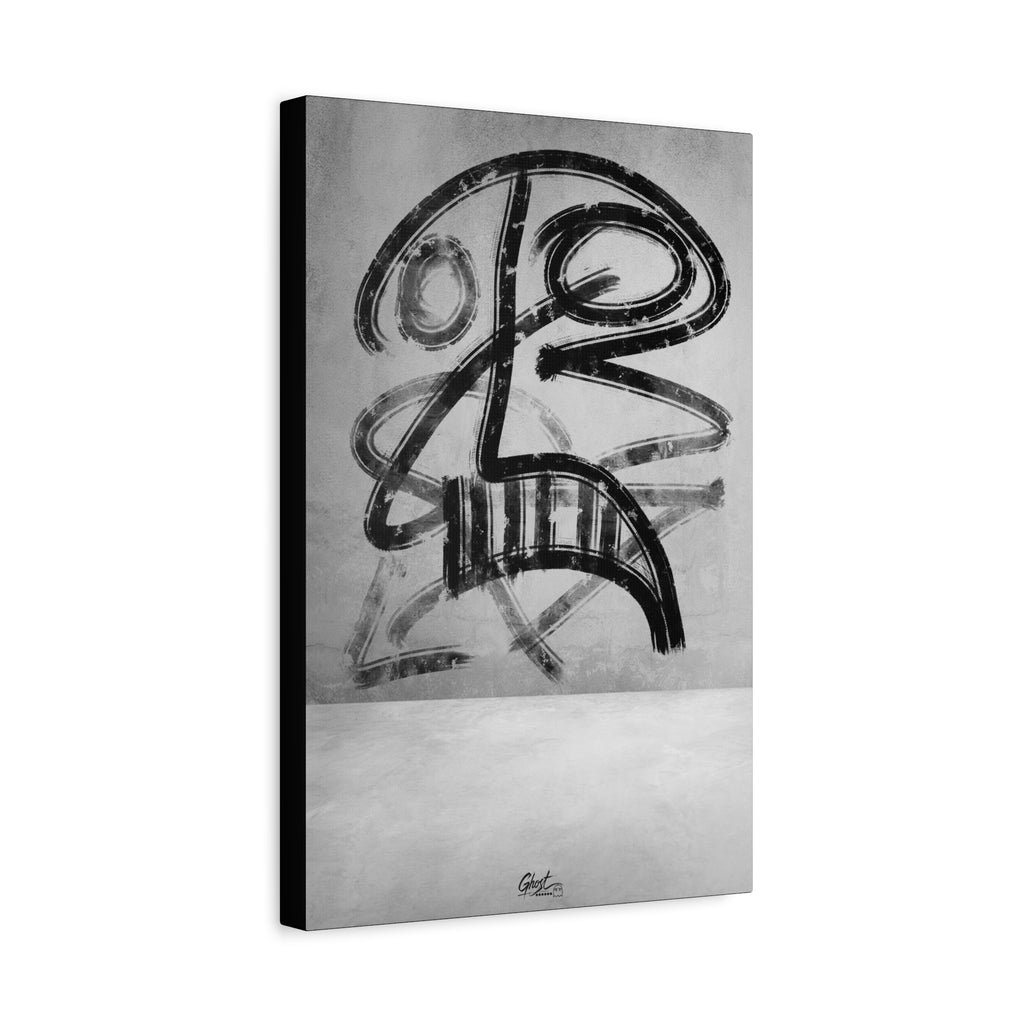 The Mask canvas, angled view of the gallery-wrapped edge: bold black brushstroke mask-like figure on a gray field