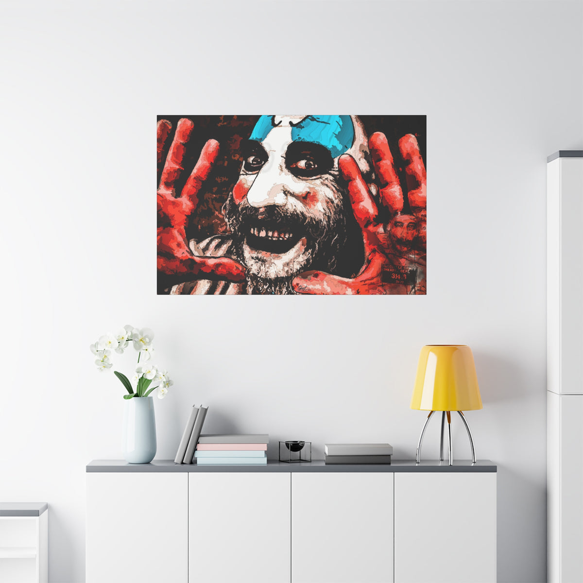 Don't Turn Your Back large canvas on a white wall over a sideboard, high-contrast red and white clown portrait
