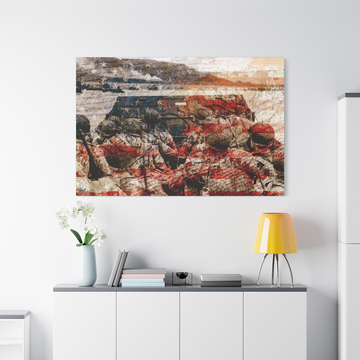 D-Day 75th Anniversary large canvas above a white sideboard and yellow lamp, D-Day landing craft tribute