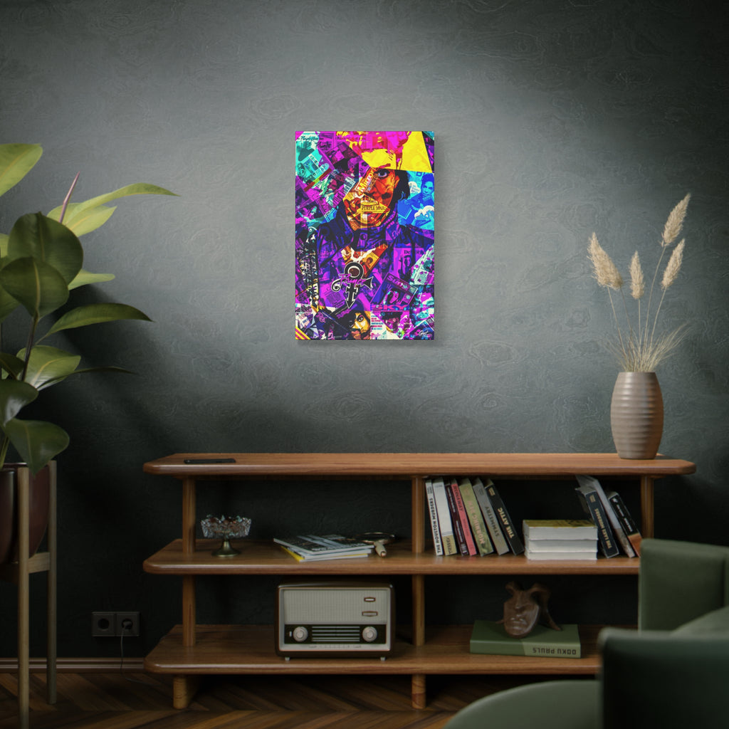 The Symbol canvas on a green-gray wall over bookshelves, portrait in a yellow hat over a purple and teal magazine collage
