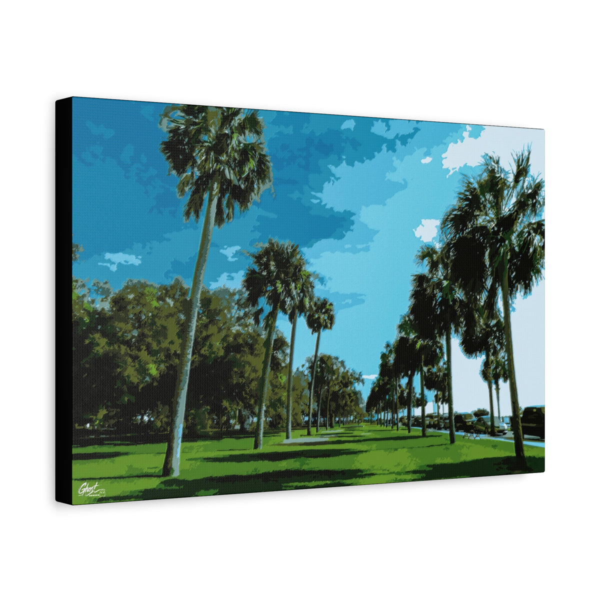 The Battery (Original) canvas, angled view of the gallery-wrapped edge: tall palms, green lawns and blue sky at the Battery