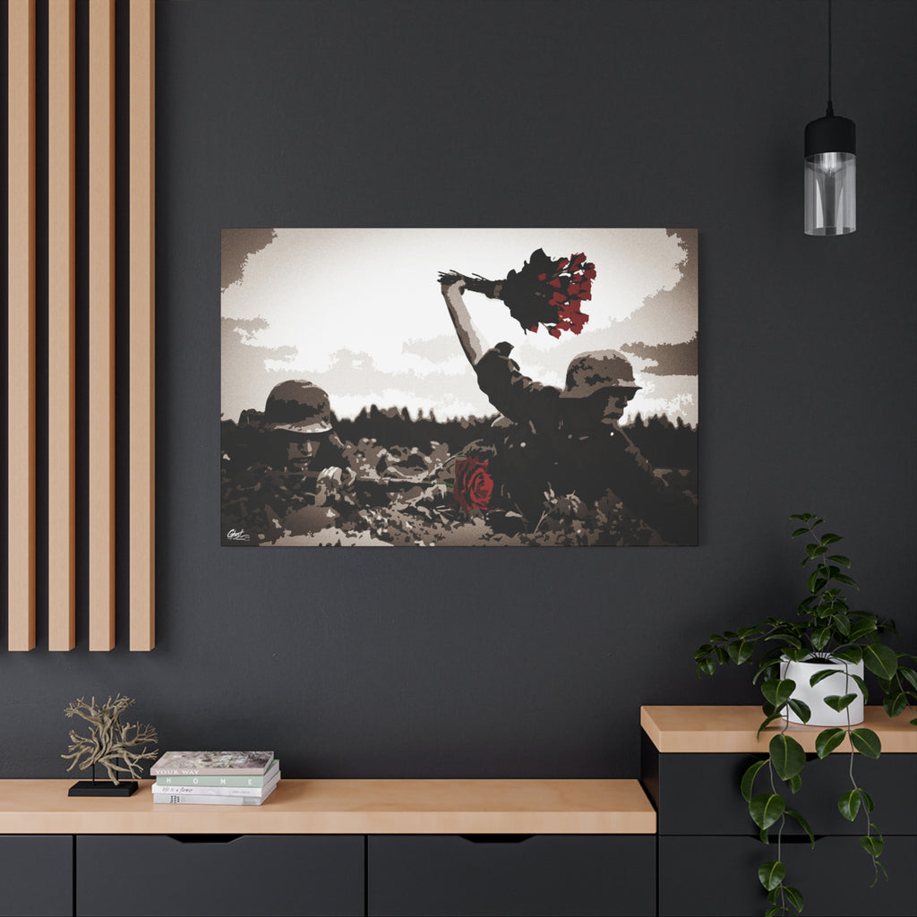 War Peace large canvas on a charcoal wall by wood slats, soldier raising red roses above the trenches