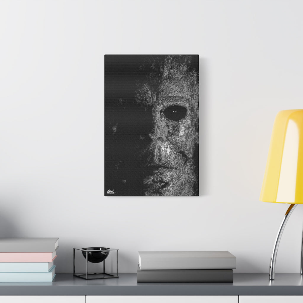 Stalk at Night large canvas beside a yellow desk lamp, pale mask in black-and-white pen sketch, half in shadow