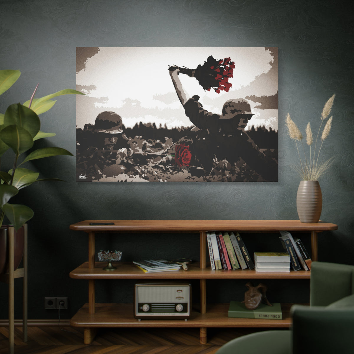War Peace oversized canvas on a green-gray wall over bookshelves, wartime scene with a bouquet of deep red roses