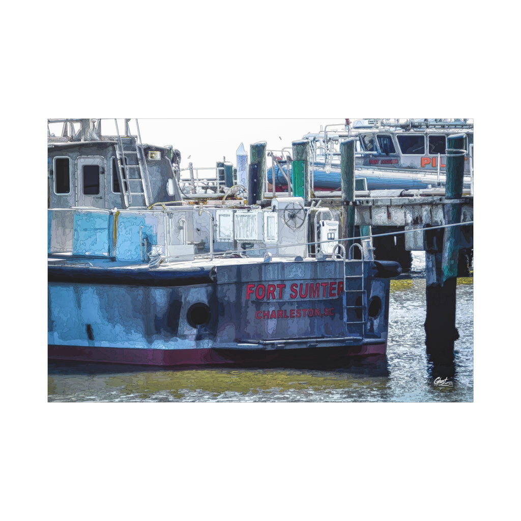 Fort Sumter Enhanced canvas print, front view: pen-drawn Fort Sumter tour boat in muted blues and reds, Charleston SC