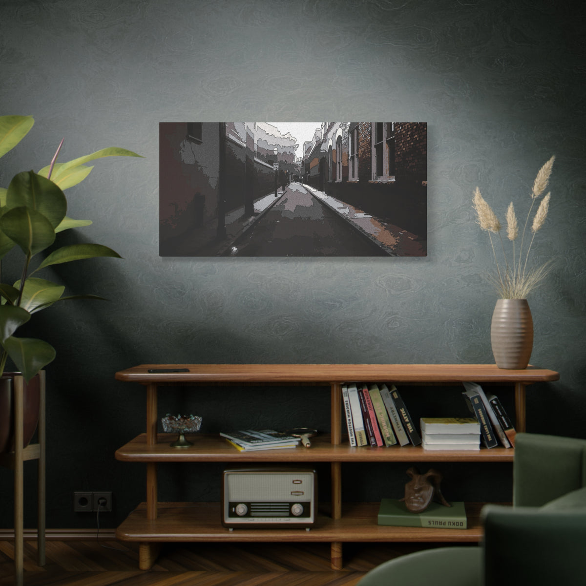 Charleston One Way large canvas on a green-gray wall over bookshelves, narrow one-way alley in dark, muted tones