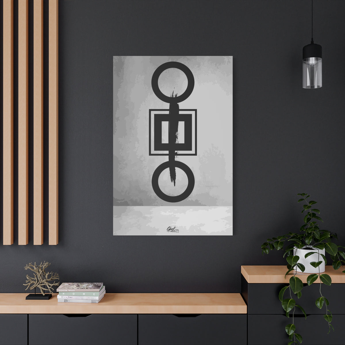 Down is Up large canvas on a charcoal wall by wood slats, circles and squares crossed by a bold black brushstroke