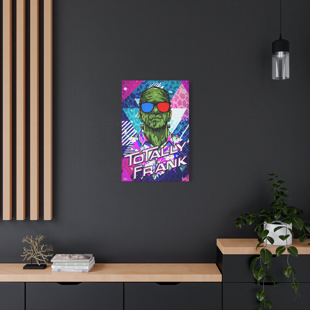 Monster Vibes canvas on a charcoal wall over an oak shelf, green monster in red-and-blue 3D glasses and a tropical shirt