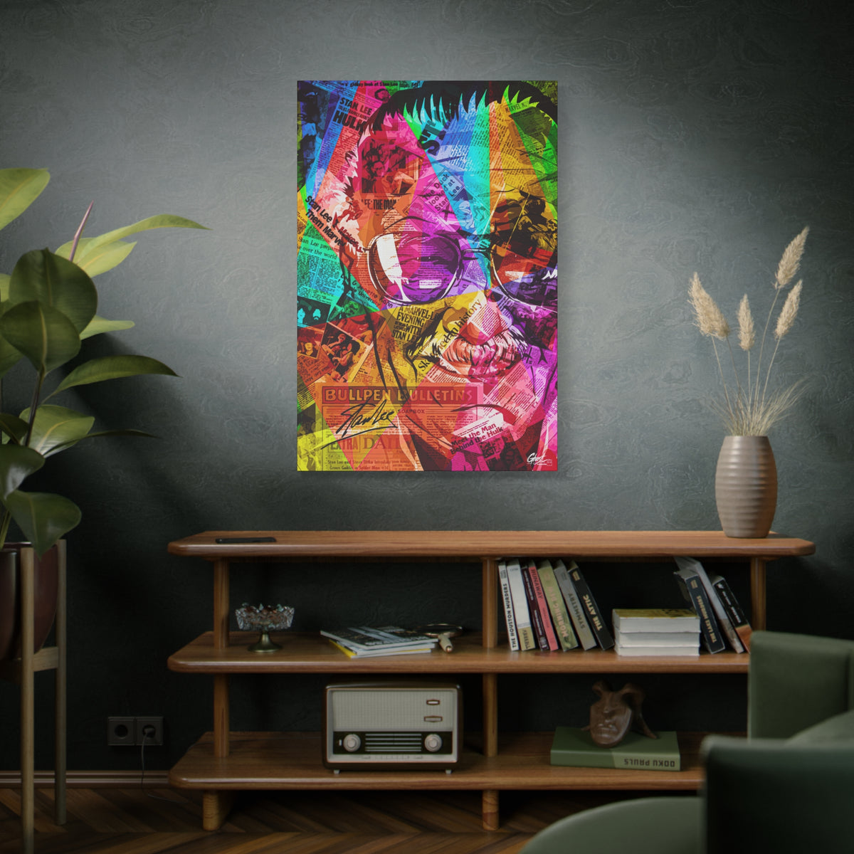 The Man the Myth the Legend canvas above a wooden bookshelf, comic-page collage face in aviators split into neon color bands