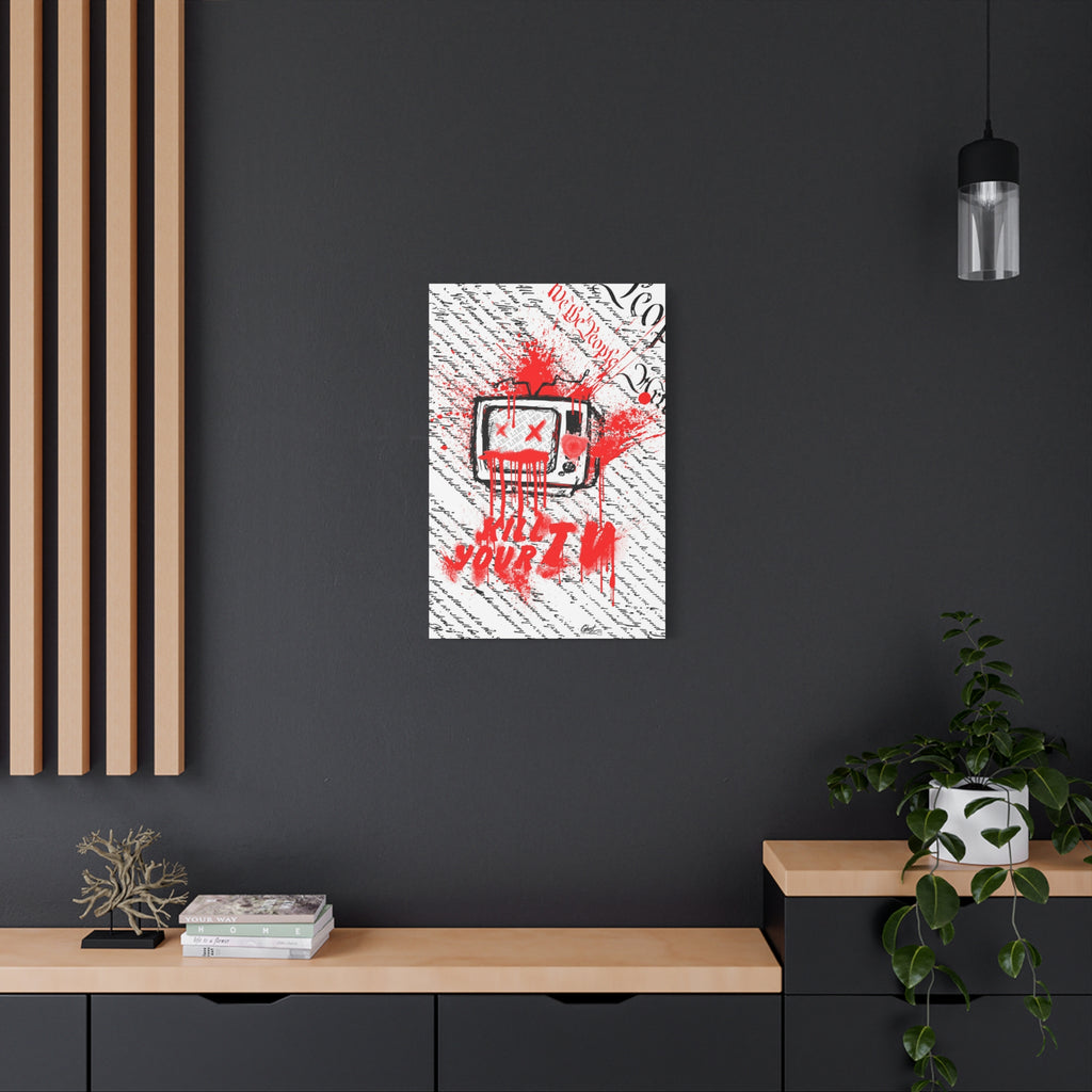 Kill Your TV medium canvas on a charcoal wall by wood slats, vintage TV sketch splashed with dripping red
