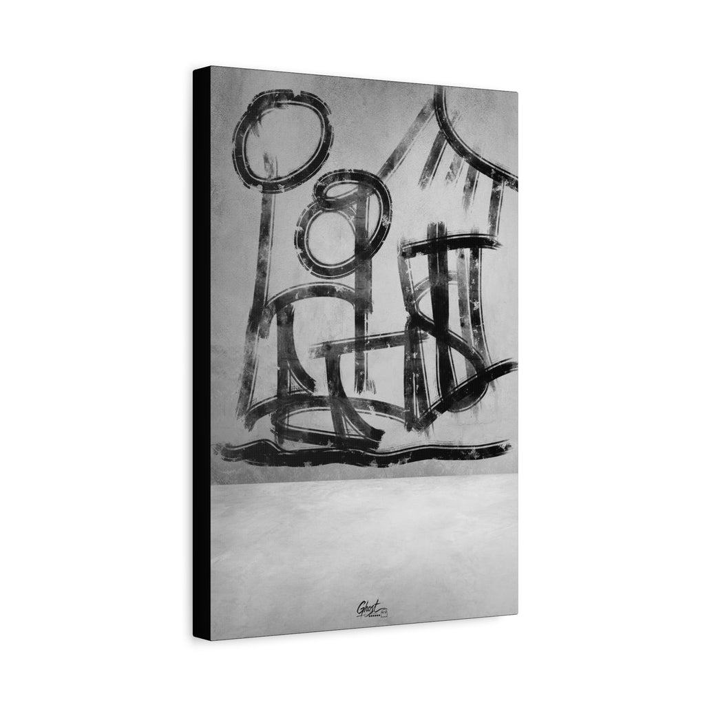 The Question canvas, angled view of the gallery-wrapped edge: hand-brushed black arcs reading as figures and a horizon