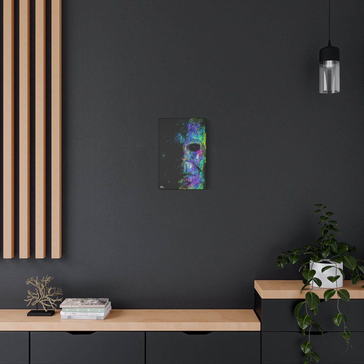 Stalk at Night, Neon Edition small canvas on a charcoal wall by wood slats, half-shadowed mask in colorful sketch lines