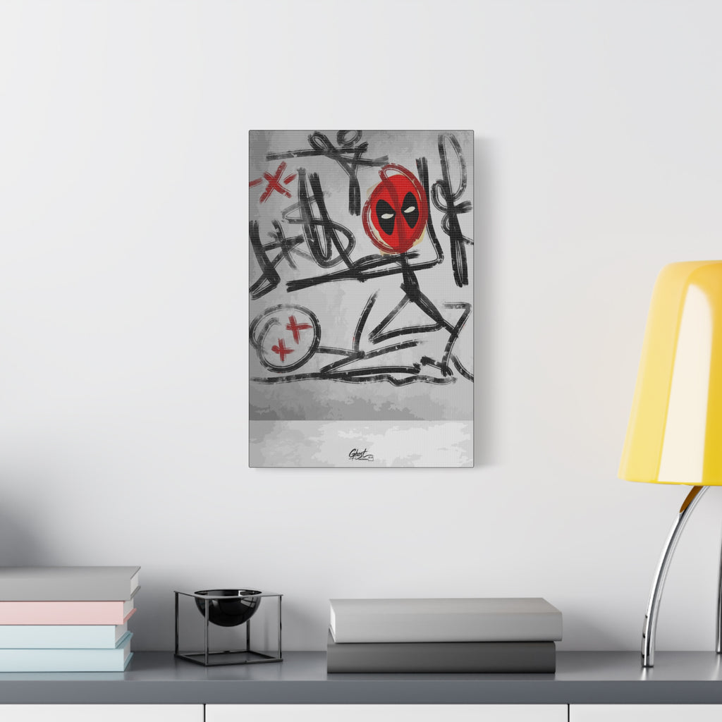 X'd Out small canvas beside a yellow desk lamp, black brushstroke doodles with a red mask emblem