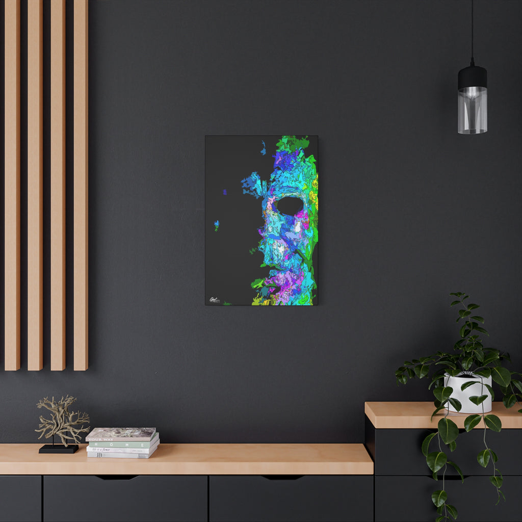 Stalk at Night, Prism Edition medium canvas on a charcoal wall by wood slats, neon triangle-shard mask